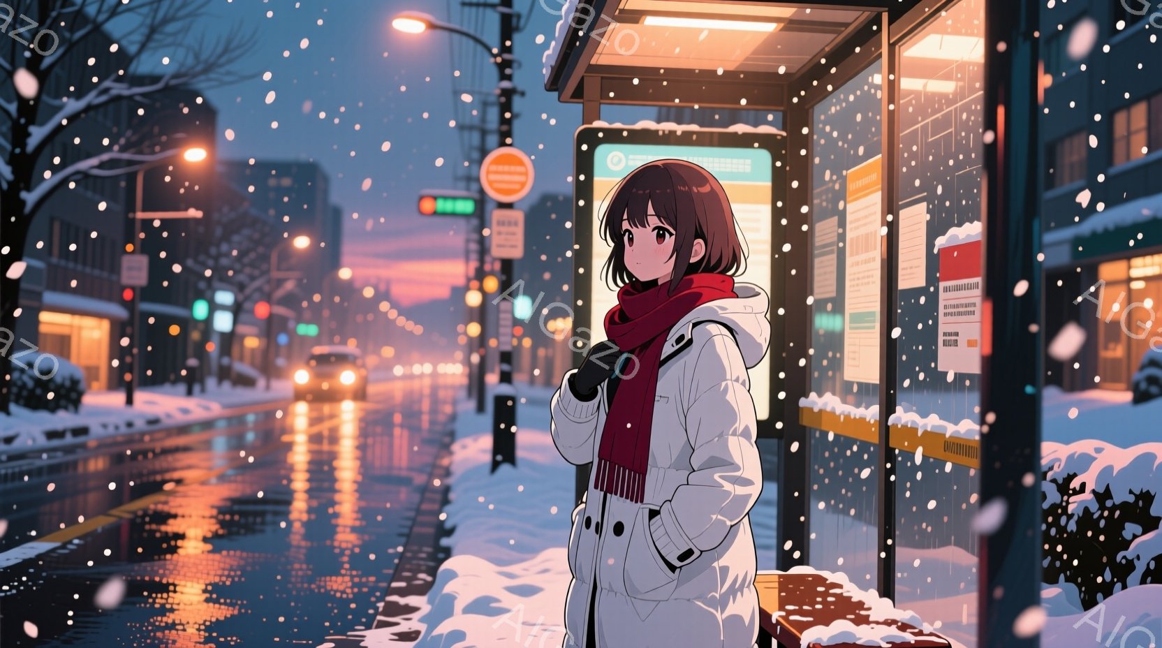 雪が降る夜の街並みに立つ若い女性が描かれています。彼女は白いダウンジャケットに赤いマフラーを巻き、黒髪を肩の長さで整えています。背景には、光る街灯と、雪に覆われた建物や木々が見え、静かで物憂げな雰囲気 - AI生成フリー素材