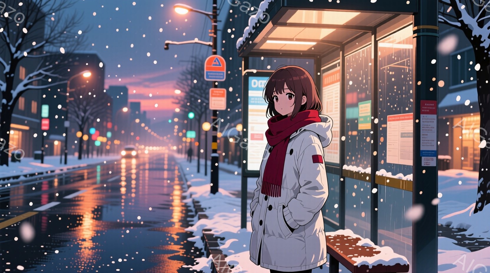 雪が降る夜のバス停に立つ若い女性が描かれています。彼女は白のジャケットに赤いマフラーを巻き、茶色の髪をしています。背景には、雪で覆われた街並みと、遠くに見える夜景が広がっており、全体的に静かで物憂げな - AI生成フリー素材