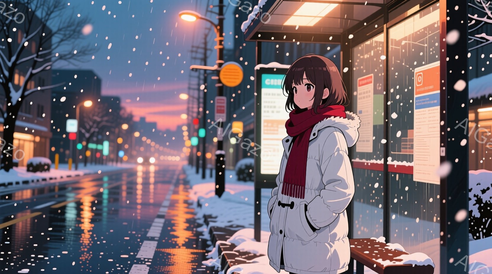 雪が降る夜のバス停に、茶色の髪をサイドテールにした少女が立っている。白いコートに赤いマフラーを巻き、少し物憂げな表情で遠くを見つめている。背景には、夜の街並みと濡れた道路、そしてぼんやりとした光が広がり、静かで少し寂しげな雰囲気が漂っている。