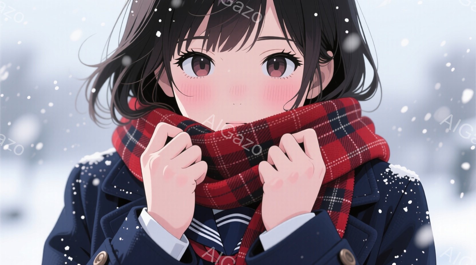 少女は紺色のコートを着て、赤いチェック柄のマフラーで顔を覆っています。彼女の髪は黒く、肩のあたりでカールしており、頬は薄いピンク色に染まっています。背景には雪が舞い散っており、冬の寒さを感じさせる静か - AI生成フリー素材