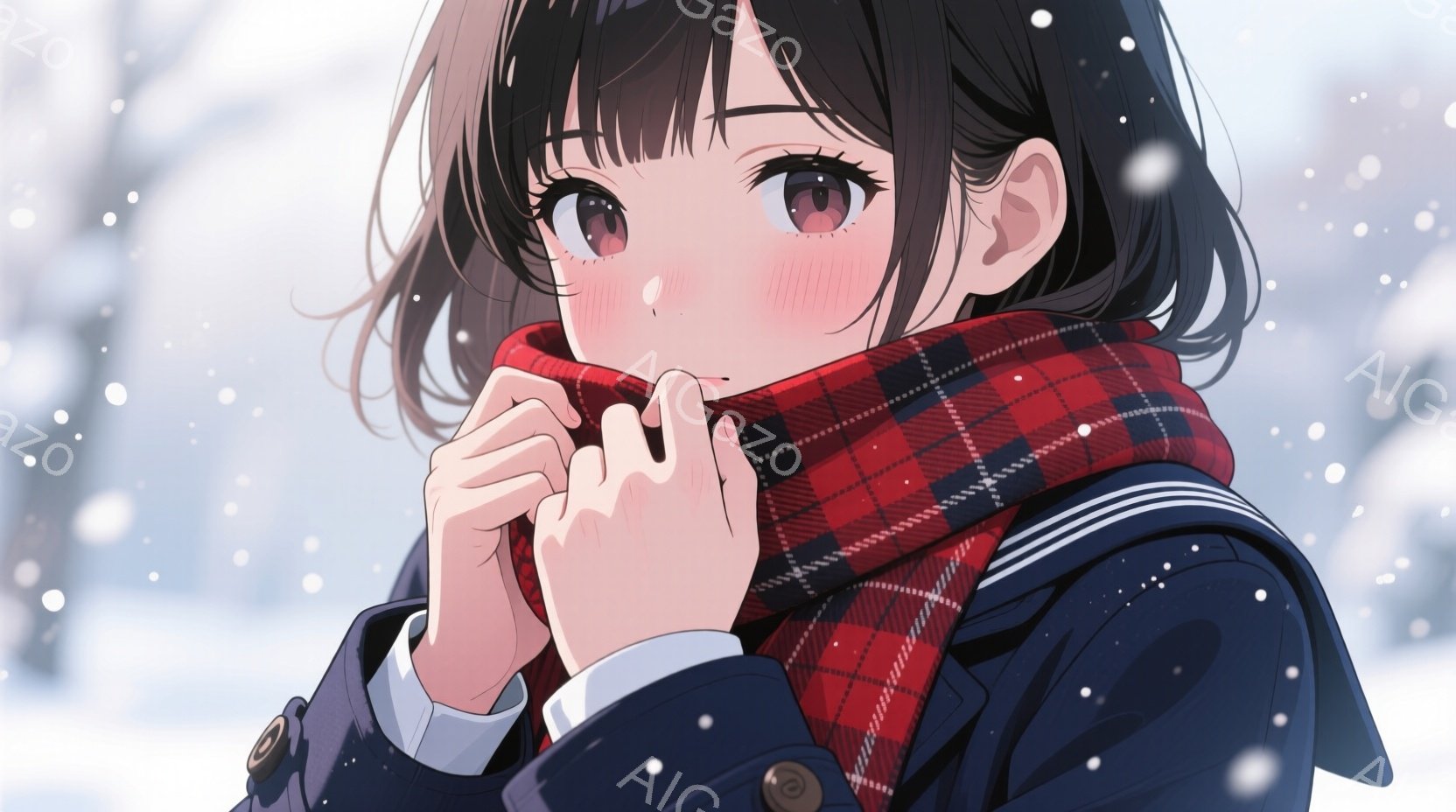 少女は紺色のコートと白いシャツを着て、赤いチェックのストールを首に巻いています。彼女は少し恥ずかしそうに頬を赤らめ、両手でストールを抱きしめるようにしています。背景は雪景色で、ぼんやりと木々が見え、冬の寒さと少女の可愛らしさを強調しています。