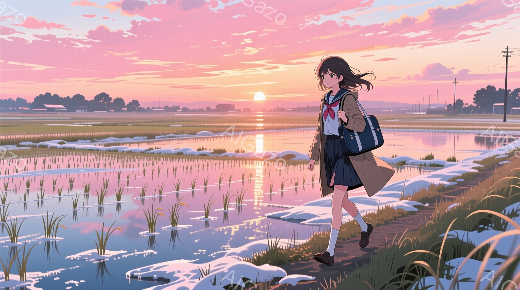 夕焼けに照らされた水田の中を、茶色のトレンチコートを着た少女が歩いている。彼女は長い茶髪をサイドに流し、制服に身を包み、肩に黒いカバンをかけている。背景には、遠くの建物と木々、そして鮮やかな夕焼け空が広がり、穏やかでノスタルジックな雰囲気を醸し出している。