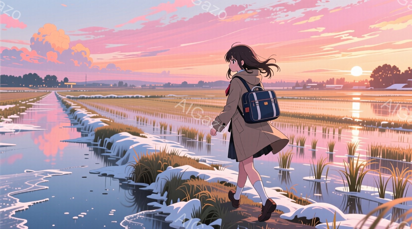 長い黒髪を揺らしながら、少女は水田の中を歩いている。ベージュ色のコートに紺色のスカート、白いレッグウォーマーを合わせ、肩には茶色のリュックサックを背負っている。背景には水田と遠くの建物が見え、空は夕焼けのようなオレンジとピンクのグラデーションで、全体的にノスタルジックで静かな雰囲気が漂っている。