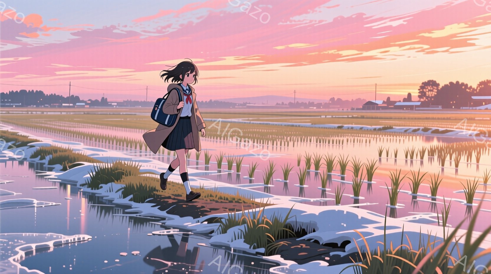 制服を着た少女が水田の中を歩いている様子が描かれています。彼女は濃い緑色のスカート、白いシャツ、茶色のコートを着ており、黒髪のロングヘアをしています。背景には、水田と遠くの建物が広がり、空はオレンジと - AI生成フリー素材