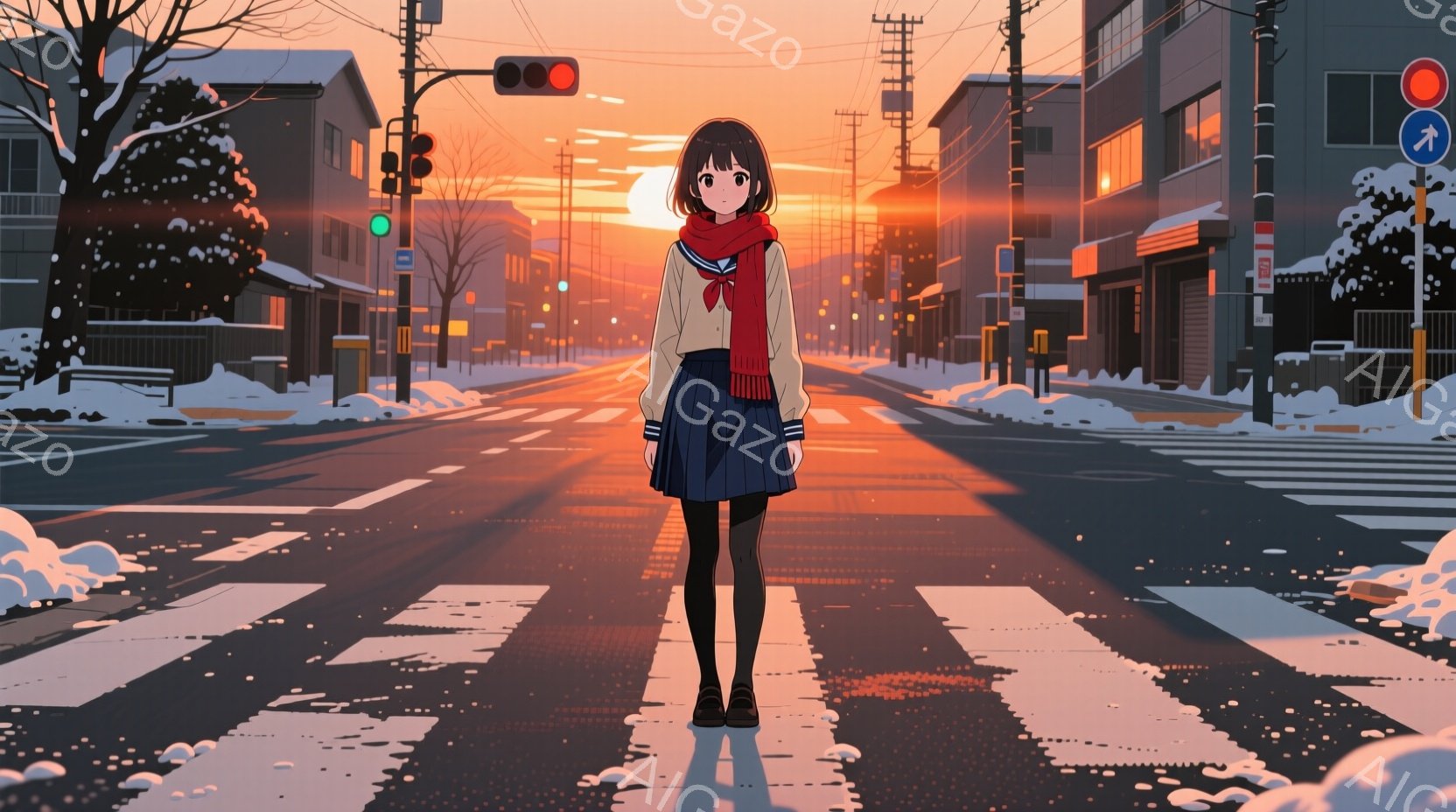 制服を着た少女が横断歩道の中央に立っている様子が描かれています。彼女は黒髪のショートボブで、赤いネクタイとマフラーを着用し、後ろを振り返っているように見えます。背景には、夕焼けに照らされた住宅街が広がり、道路には雪が積もり、冬の静かな雰囲気を醸し出しています。