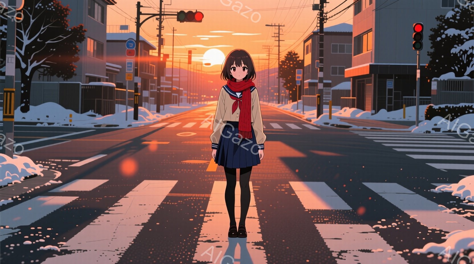 制服を着た若い女性が、雪の降る夕暮れ時の横断歩道の中央に立っている様子が描かれています。彼女は黒髪で、赤いスカーフを巻いており、表情はやや物憂げです。背景には、日本の住宅街が広がり、夕焼けが空をオレンジ色に染めており、冬の静かで少し寂しい雰囲気が漂っています。