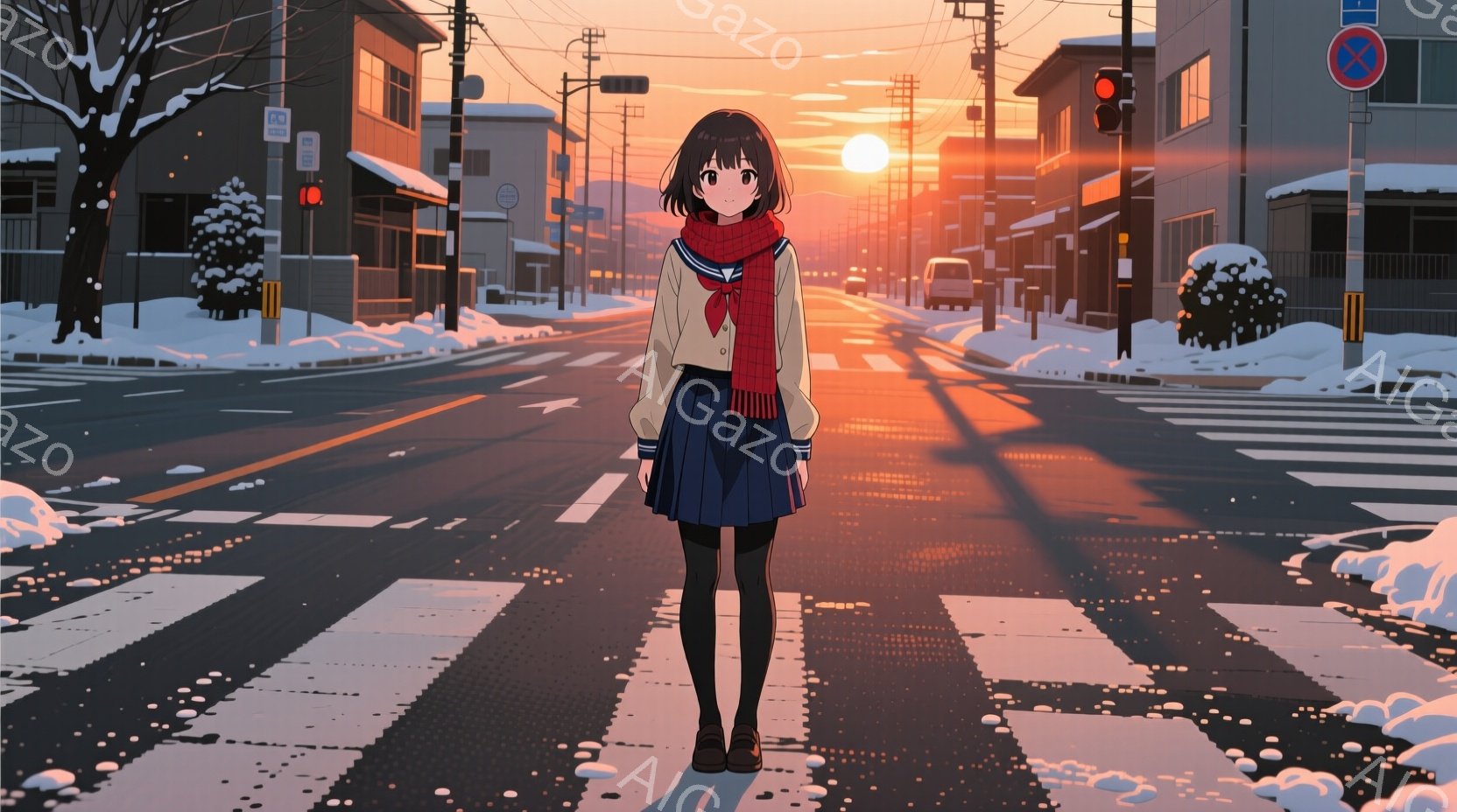 夕暮れ時の街並みの中に、制服を着た少女が横断歩道に立っている。彼女は黒髪で、前髪が少しサイドに流れており、赤いマフラーを首に巻いている。背景には、雪に覆われた建物や木々が並び、薄暗い空に夕焼けが広がっ - AI生成フリー素材