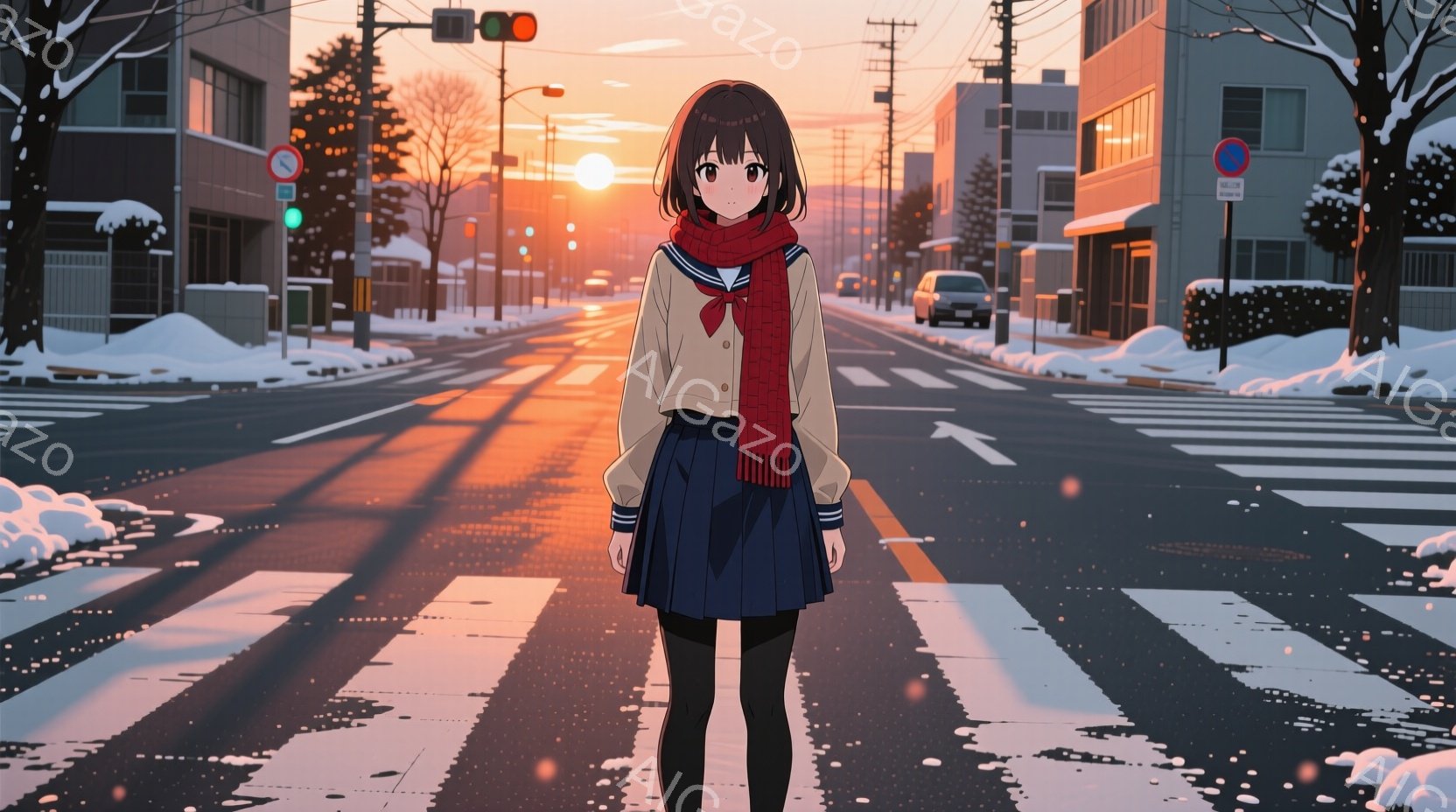 制服を着た若い女性が、雪で覆われた横断歩道の中央に立っています。彼女は黒髪で、首に赤いスカーフを巻き、表情は少し憂いを帯びています。背景には、夕焼けに照らされた建物や道路、そして冬の自然が広がっており - AI生成フリー素材