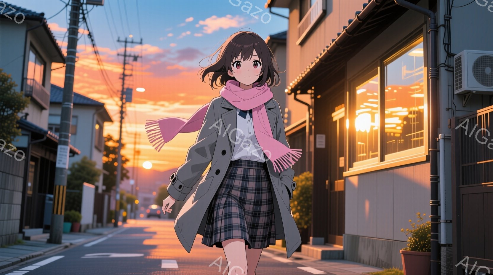 制服を着た少女が、夕暮れの住宅街を歩いている。チェック柄のスカートと、薄いピンクのストールが印象的で、少し前かがみの姿勢で、どこか物憂げな表情をしている。背景には、木造の家々が並び、夕焼け空が暖かく、ノスタルジックな雰囲気を醸し出している。