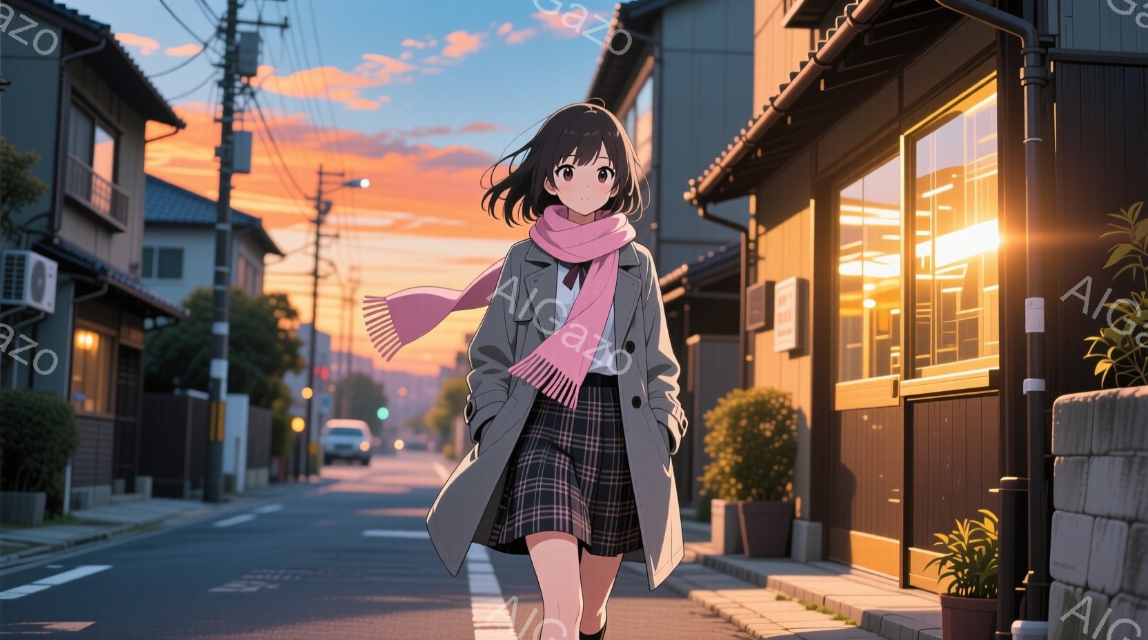 夕焼けの照らす住宅街を、茶髪の少女が歩いている。 彼女はチェック柄のスカートに、グレーのコートを羽織り、ピンク色のマフラーを巻いている。 背景には、日本の古い家並みと、夕焼けに染まる空が広がり、ノスタルジックで穏やかな雰囲気を醸し出している。
