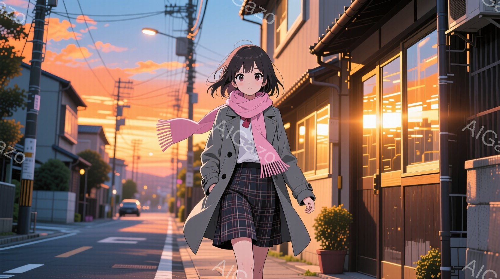 チェック柄のスカートと白いシャツを着て、グレーのコートを羽織った若い女性が歩いている様子を描いています。彼女は黒髪で、肩までの長さのヘアスタイルをしており、ピンク色のスカーフを首に巻いています。背景には、夕焼けに照らされた日本の住宅街が広がり、穏やかで温かい雰囲気が漂っています。