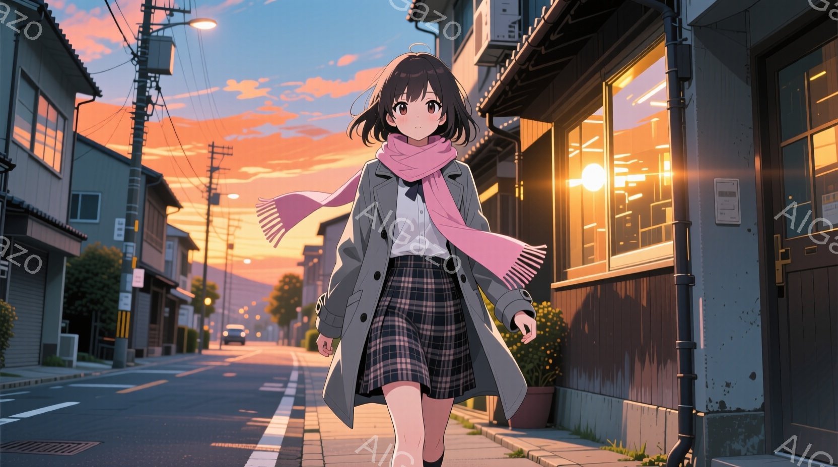 明るいピンク色のマフラーを首に巻き、チェック柄のスカートとグレーのコートを着た若い女性が、夕暮れ時の住宅街の道を歩いている。彼女は少し前かがみになり、リラックスした様子で、薄暗い路地を歩いている。空はオレンジとピンクのグラデーションで染まり、建物の窓から暖かい光が漏れているため、ノスタルジックで穏やかな雰囲気が漂っている。