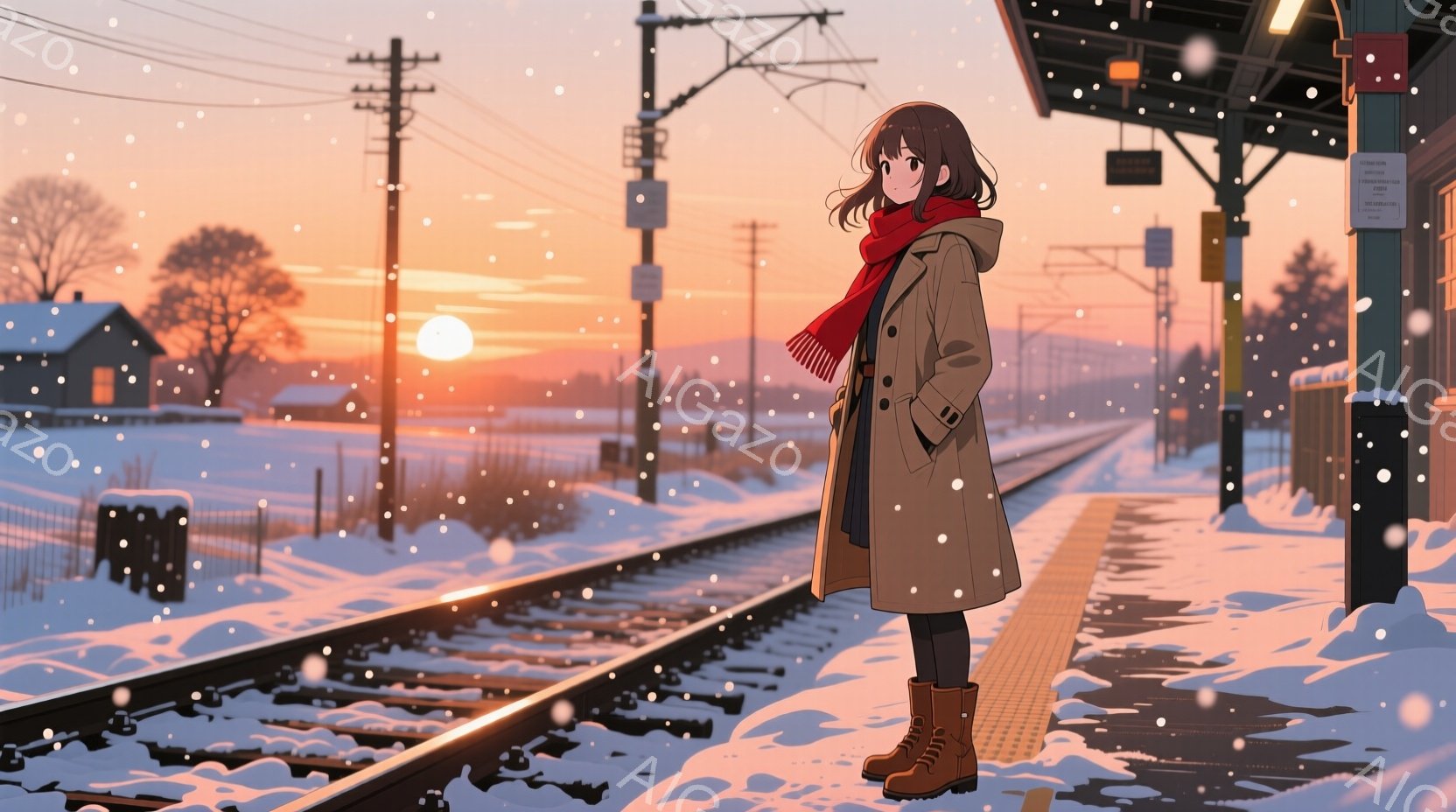 雪が降るプラットフォームに、ロングコートを着た少女が立っている。彼女は茶色の髪を肩まで伸ばし、赤いマフラーを首に巻いている。背景には雪景色が広がり、遠くに家々と夕焼けが夕闇に溶け込む穏やかな雰囲気が漂う。