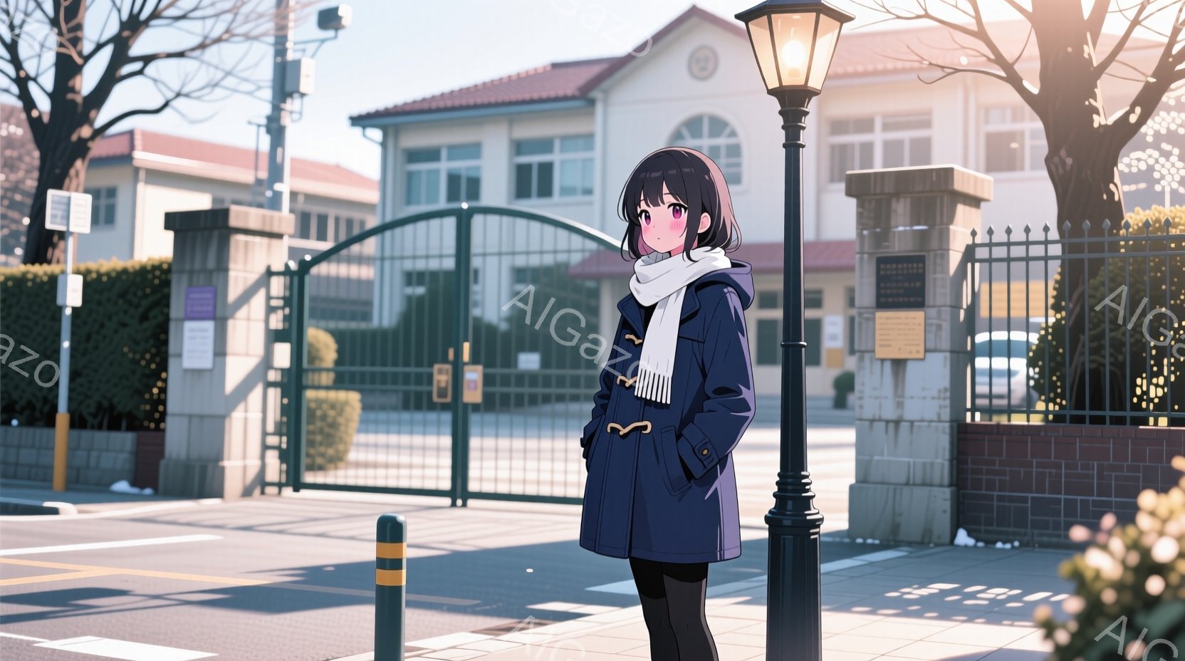紺色のコートと白いマフラーを身につけた少女が描かれています。彼女は黒髪で、少し微笑んでいるように見え、道路脇の街灯柱のそばに立っています。背景には、緑の生垣と鉄製の門がある学校の建物が見え、晴れた日の穏やかな雰囲気が漂っています。
