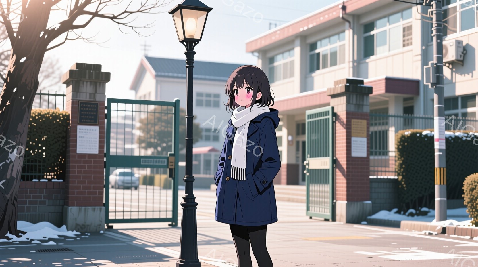 紺色のコートと黒いタイツを着用し、白いマフラーを巻いた少女が立っています。彼女は少し不安そうな表情で、正面を見据えながら、ややうつむき加減の姿勢をとっています。背景にはレンガ造りの建物と緑の生垣、そして冬の空の下、雪が残る道路が広がっており、全体的に静かで少し寂しげな雰囲気が漂っています。