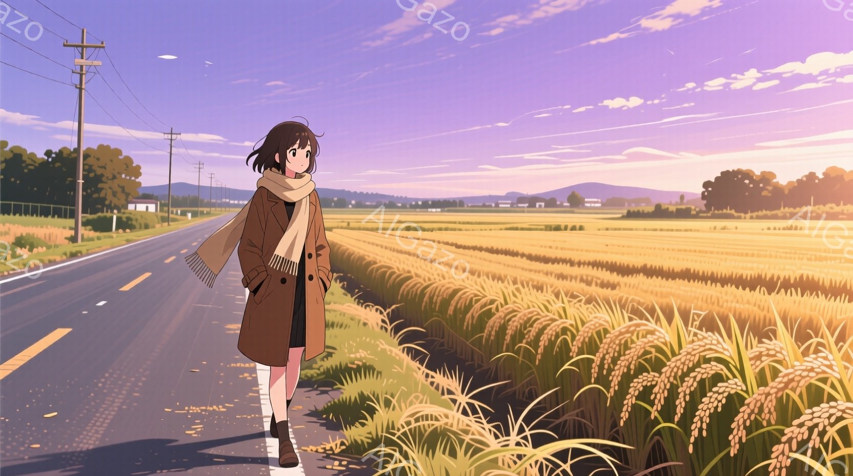 長い茶色のコートと短いスカートを着た若い女性が、田舎の道を歩いている。彼女は肩にベージュ色のマフラーを巻き、黒髪のボブスタイルで、少し微笑んでいるように見える。背景には黄金色の稲穂が広がる田園風景と、 - AI生成フリー素材