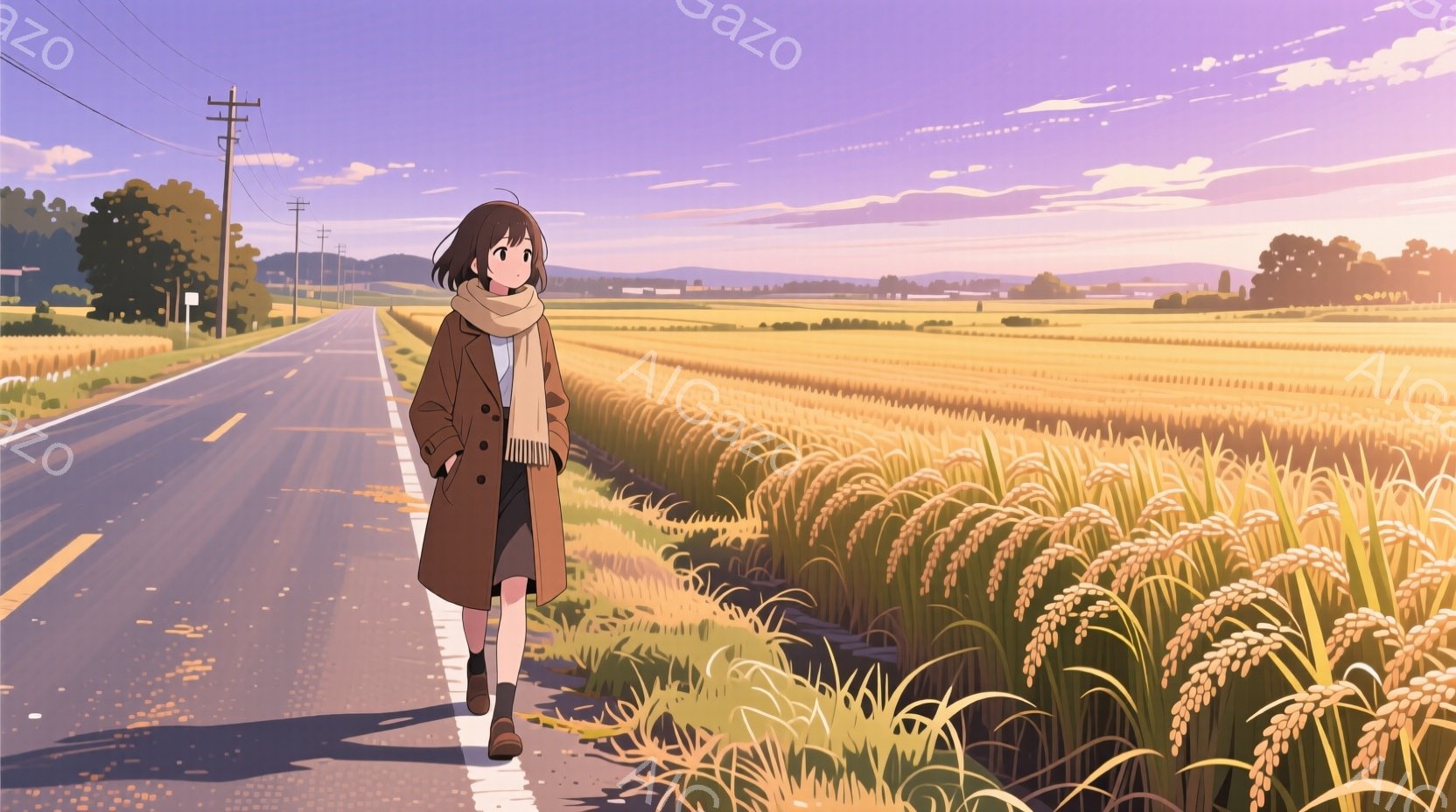茶髪のショートヘアの女性が、茶色のコートとスカーフを身につけ、アスファルトの道路の脇を歩いている。周囲は黄金色の稲穂が広がる田園風景で、遠くには建物が見え、空は夕焼けでオレンジと紫の色合いが美しい。 全体的に、穏やかでノスタルジックな雰囲気が漂っている。
