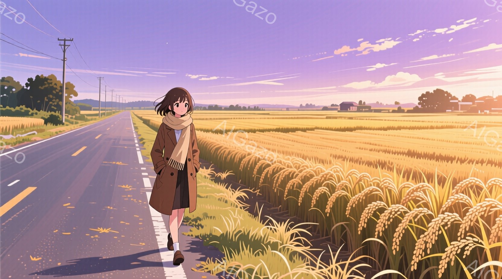少女は、麦畑の横の道路を歩いている。彼女は茶色のコートとストライプの入ったセーターを着て、短い茶色の髪は風になびいている。背景には黄金色の麦畑が広がり、遠くには建物と山々が見え、空は夕焼けの色合いで穏やかな雰囲気を醸し出している。