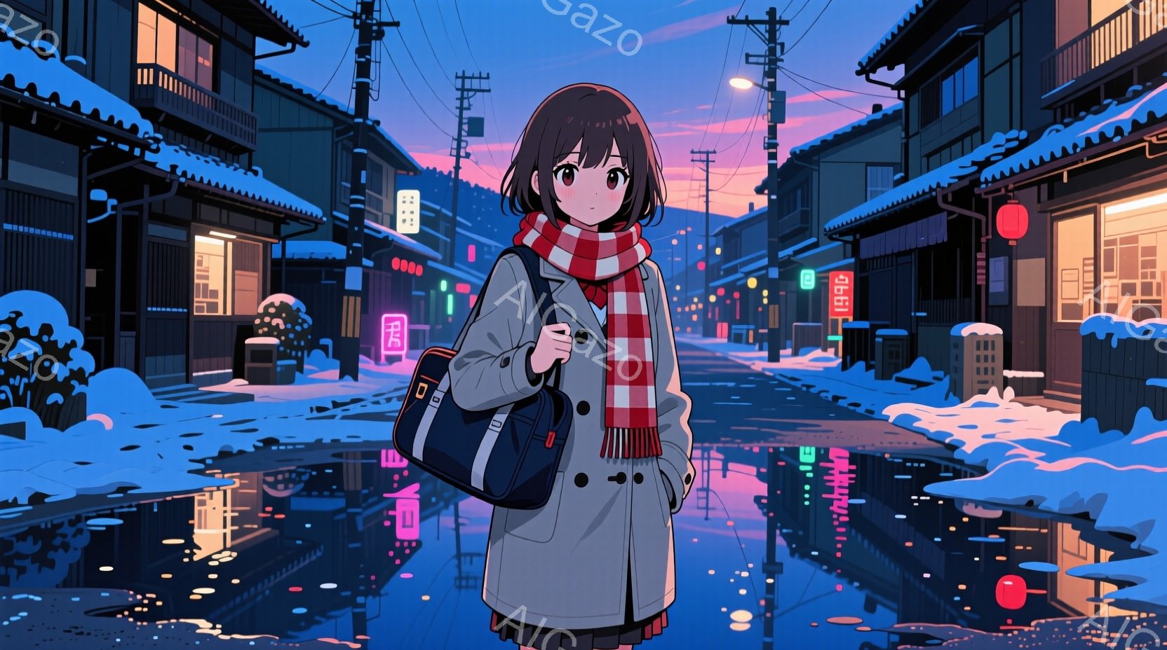 短い茶色の髪の少女は、白いコートとスカート、赤いストライプのスカーフを身につけて立っています。彼女は肩に黒いバッグを掛け、少し照れたような表情を浮かべています。背景には雪に覆われた古い街並みが広がり、 - AI生成フリー素材