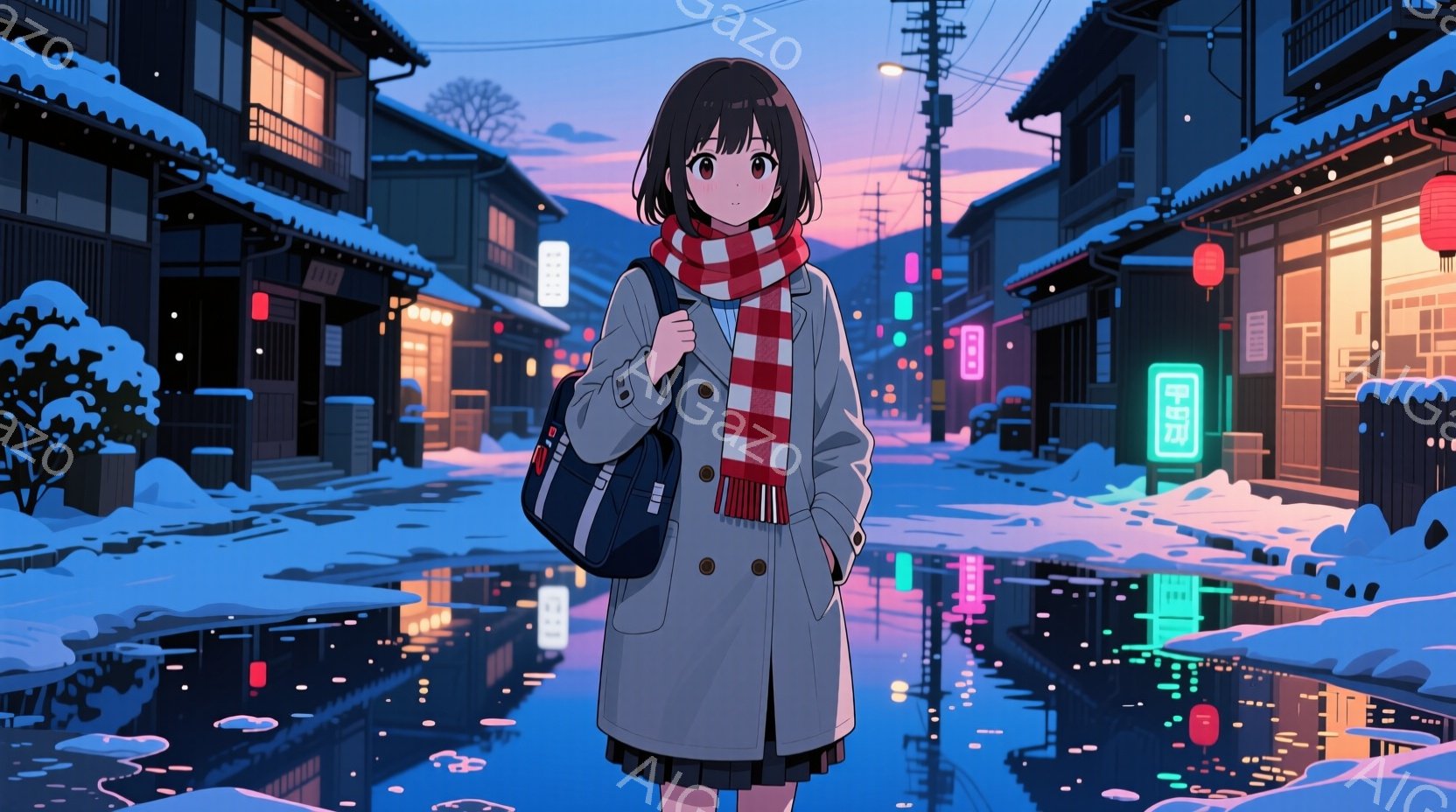 若い女性が雪の降る夜の街並みを歩いている。彼女は紺色のコートに赤いストライプのマフラーを巻き、肩にリュックサックをかけている。背景には日本の伝統的な建物が立ち並び、雪景色と街灯の光が水面に反射して幻想 - AI生成フリー素材