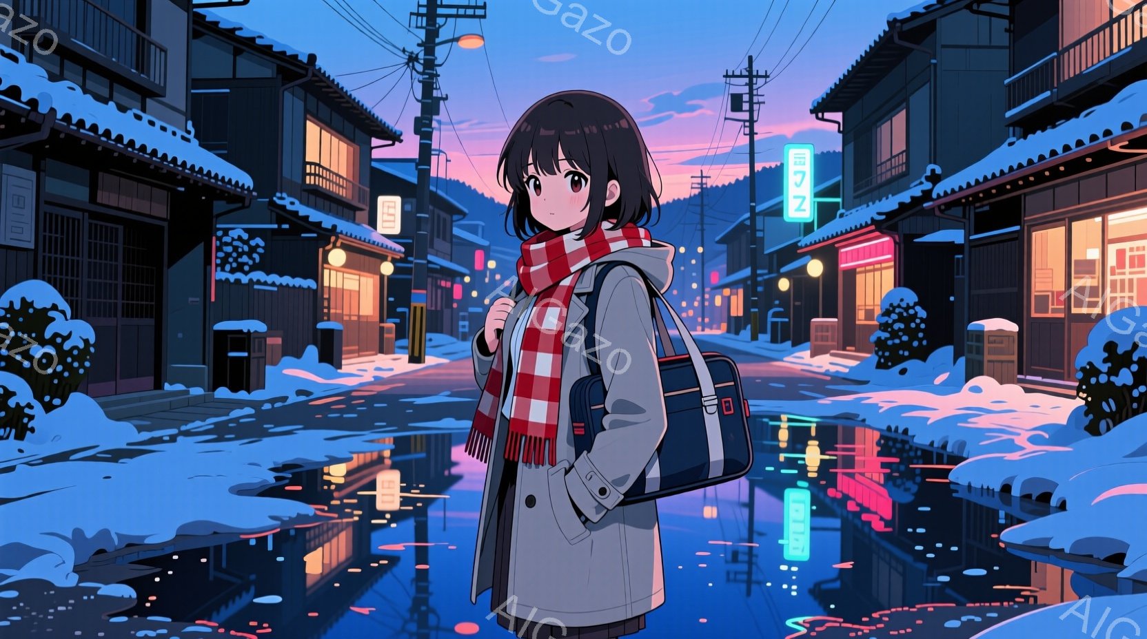 茶色の髪の女性が描かれており、白いコートと赤いストライプのスカーフを着用しています。彼女は肩に黒いバッグをかけ、少し微笑んでいます。背景には、雪に覆われた古い街並みと、路面に反射するネオンサインが見え - AI生成フリー素材