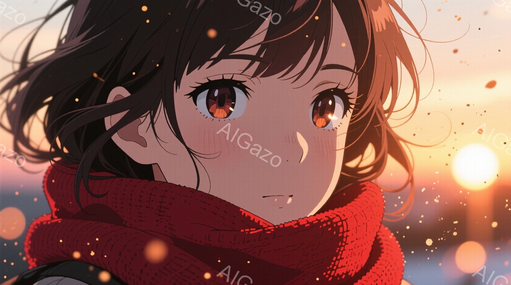 少女は、赤色の編み込みの長いマフラーを首に巻き、少し上目遣いにこちらを見ている。彼女の黒い髪は自然なウェーブを描き、明るい茶色の瞳は暖かく、頬には薄い紅暈が広がっている。背景にはぼやけた街並みと、夕焼けのような暖かい光の粒子が舞い、全体的に穏やかでノスタルジックな雰囲気が漂っている。