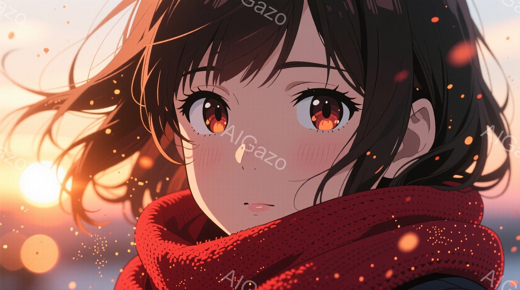 少女は赤色のマフラーを首に巻き、暖かく包まれています。彼女の黒髪は風になびき、大きな瞳はオレンジ色の光を反射して輝いています。背景にはぼやけたオレンジ色の光と、小さな光の粒子が舞い、暖かく幻想的な雰囲 - AI生成フリー素材