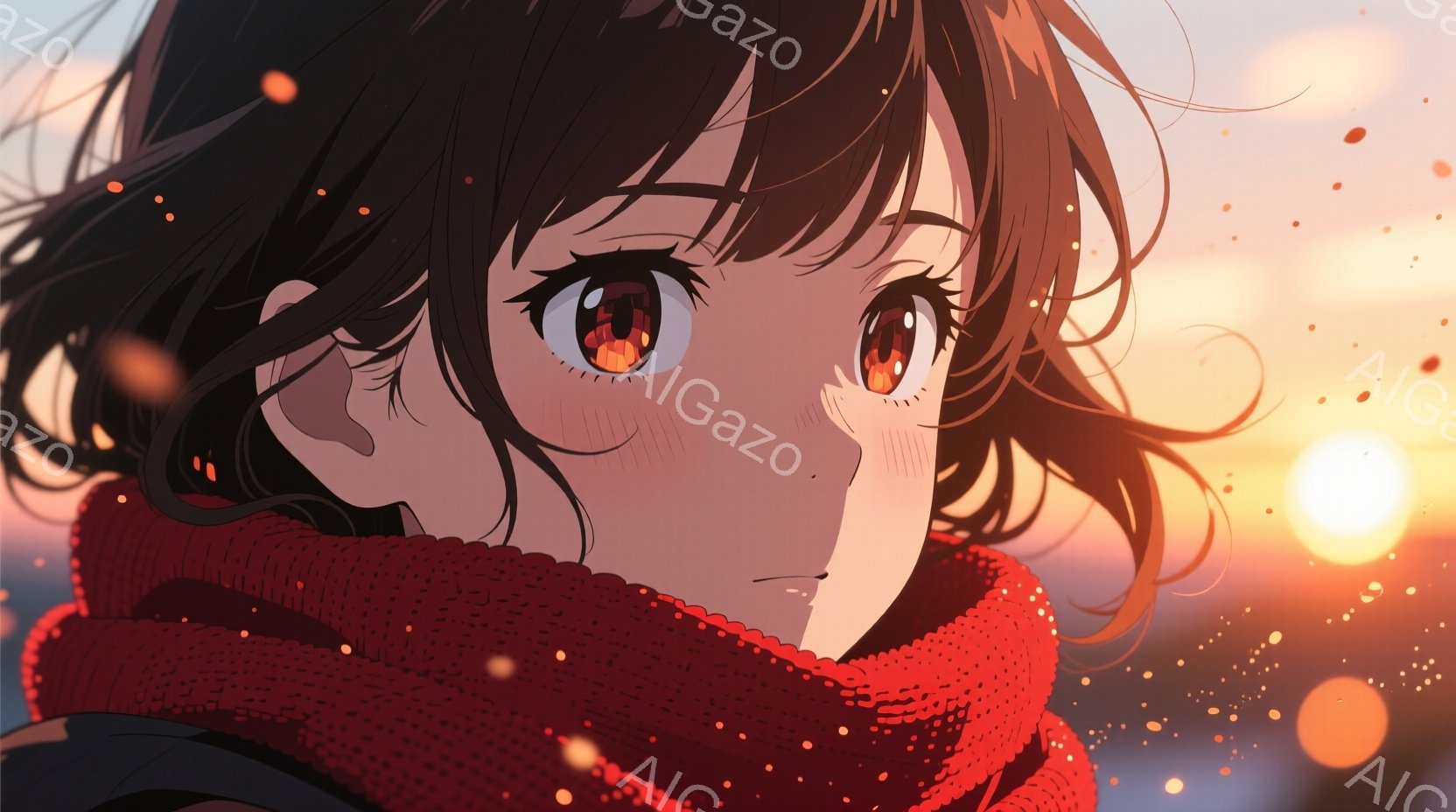 少女は赤色の編み込みマフラーを首に巻き、少し伏し目がちで優しい表情を浮かべている。彼女の髪は暗い茶色で、自然なカールがかかり、顔の輪郭を柔らかく縁取っている。背景は夕焼け空で、オレンジと黄色のグラデーションが広がり、無数の光の粒子が舞っている様子が、暖かくノスタルジックな雰囲気を醸し出している。