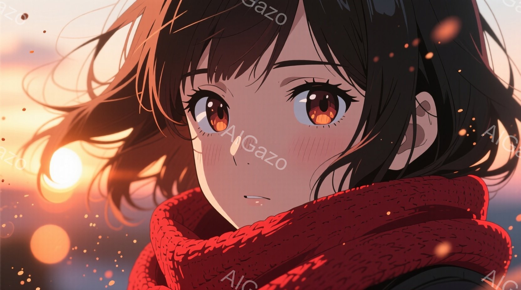 短い黒髪の女性が、赤い編み物のマフラーを首に巻き、わずかに顔を傾けている。彼女の瞳は暖かく輝き、頬にはうっすらと赤みが差している。背景は夕焼けのような暖色系の光で満たされ、ぼんやりとした光の粒子が舞っている、穏やかで少し物憂げな雰囲気が漂う。