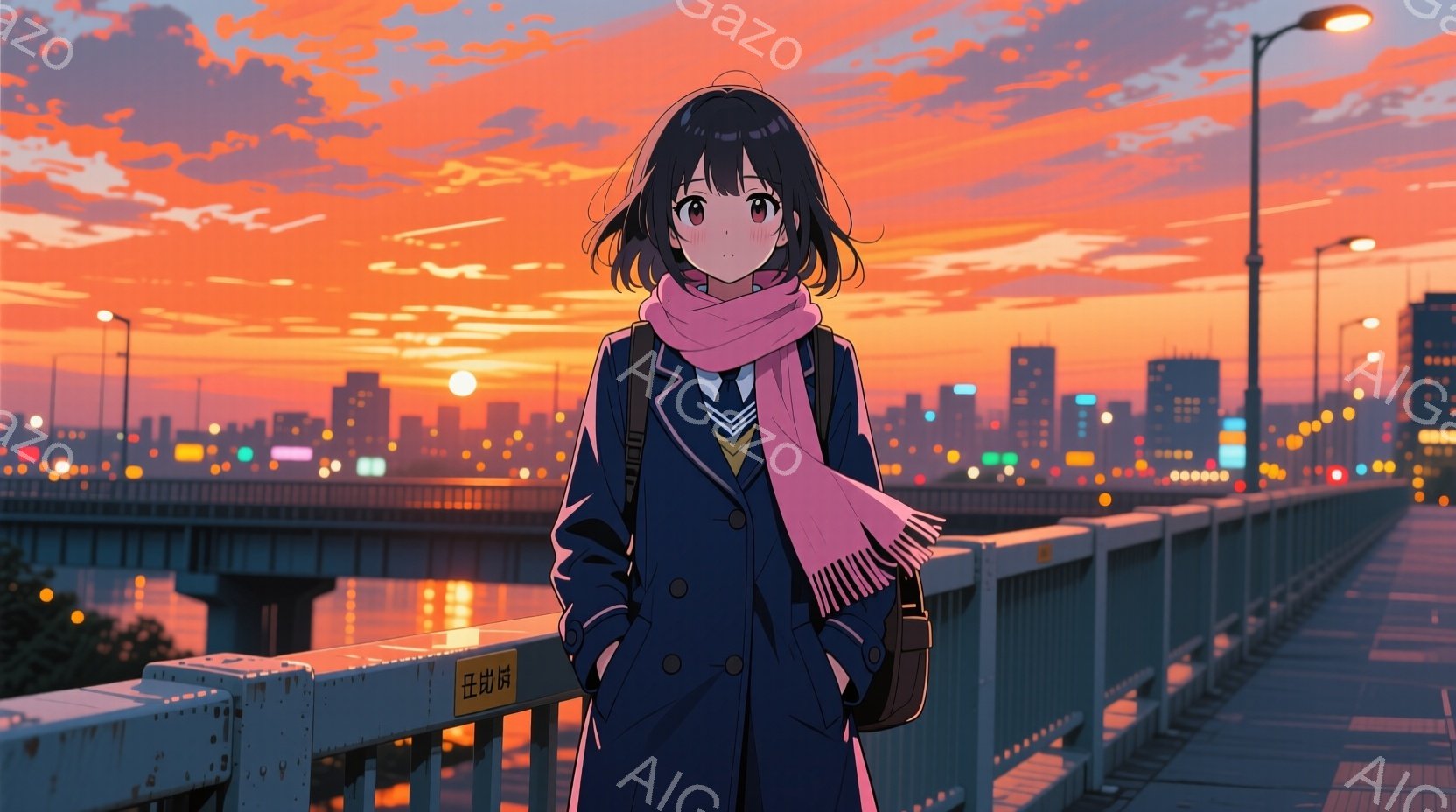 紺色のコートと制服姿の少女が描かれています。彼女は肩までの中髪で、ピンク色のマフラーを巻いており、少し物憂げな表情で橋の手すりに寄りかかっています。背景には夕焼けに照らされた都市のスカイラインと、その - AI生成フリー素材