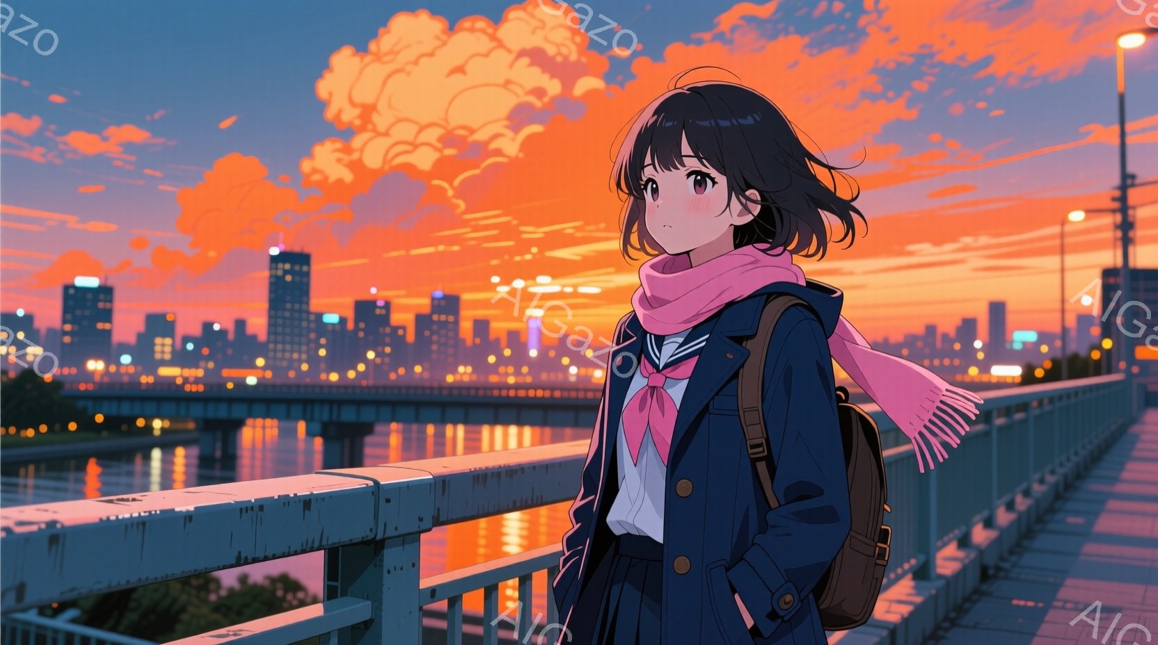 短い黒髪の少女は、紺色のジャケットと白いシャツ、そしてピンクのスカーフを身につけている。彼女は橋の手すりに寄りかかり、少し物憂げな表情で遠くを見つめている。背景には、夕焼けに染まる街並みと、光を反射す - AI生成フリー素材