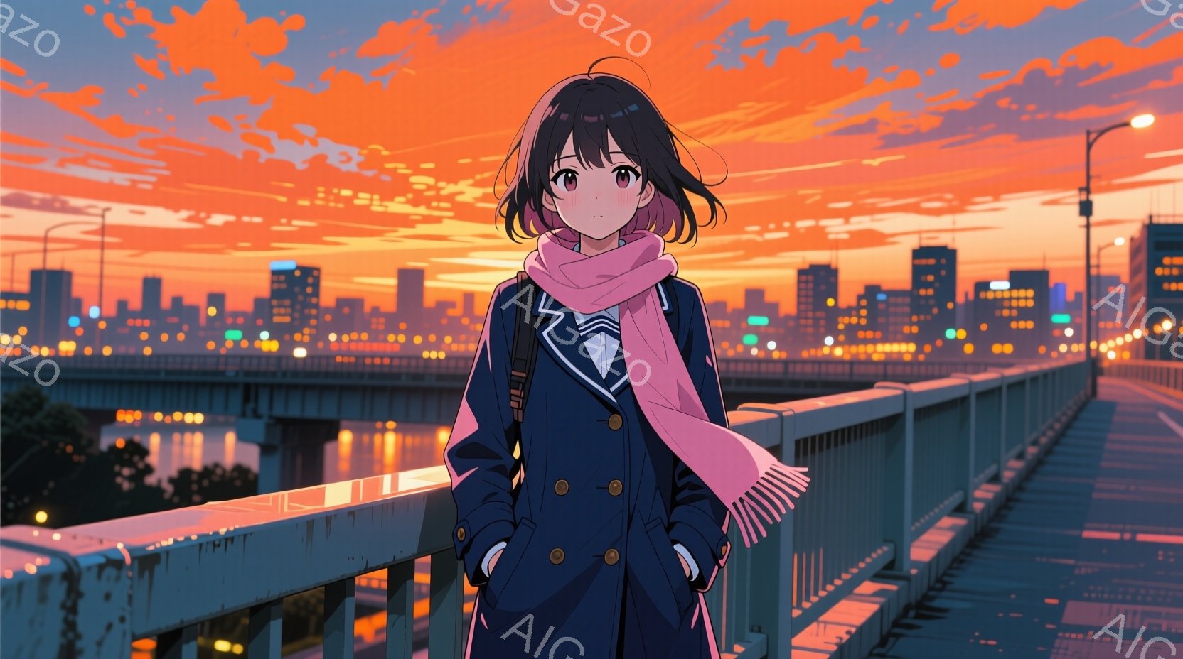 少女は紺色のコートとチェックのネクタイ、白いシャツ姿で、ピンク色のマフラーを首に巻いています。彼女は少し微笑んでおり、片手をポケットに入れたリラックスした姿勢で、欄干にもたれて夕焼けの街を見下ろしてい - AI生成フリー素材