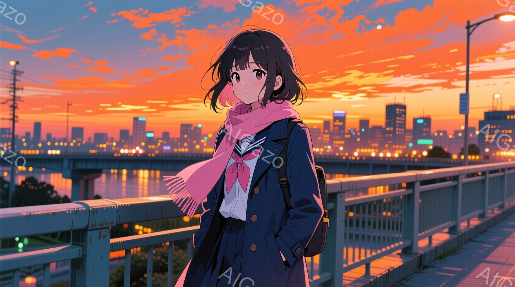 短い黒髪の少女が、紺色のコートと白いシャツ姿で橋の上に立っている。ピンク色のスカーフを首に巻き、肩にはリュックサックを背負っている。背景には、夕焼けに照らされた都市のスカイラインと水面が広がり、温かく - AI生成フリー素材
