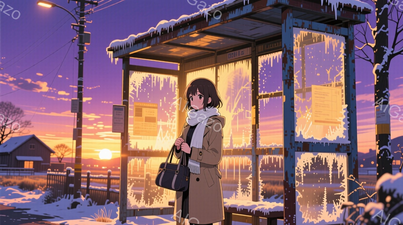 少女は、長い茶色のコートと白いマフラーを身につけ、黒髪を肩まで伸ばしています。彼女はバス停のそばに立ち、片手に黒いハンドバッグを持ち、少し寂しげな表情で遠くを見つめています。背景には雪景色が広がり、凍り付いたバス停と夕焼けが、冬の静かで物悲しい雰囲気を醸し出しています。
