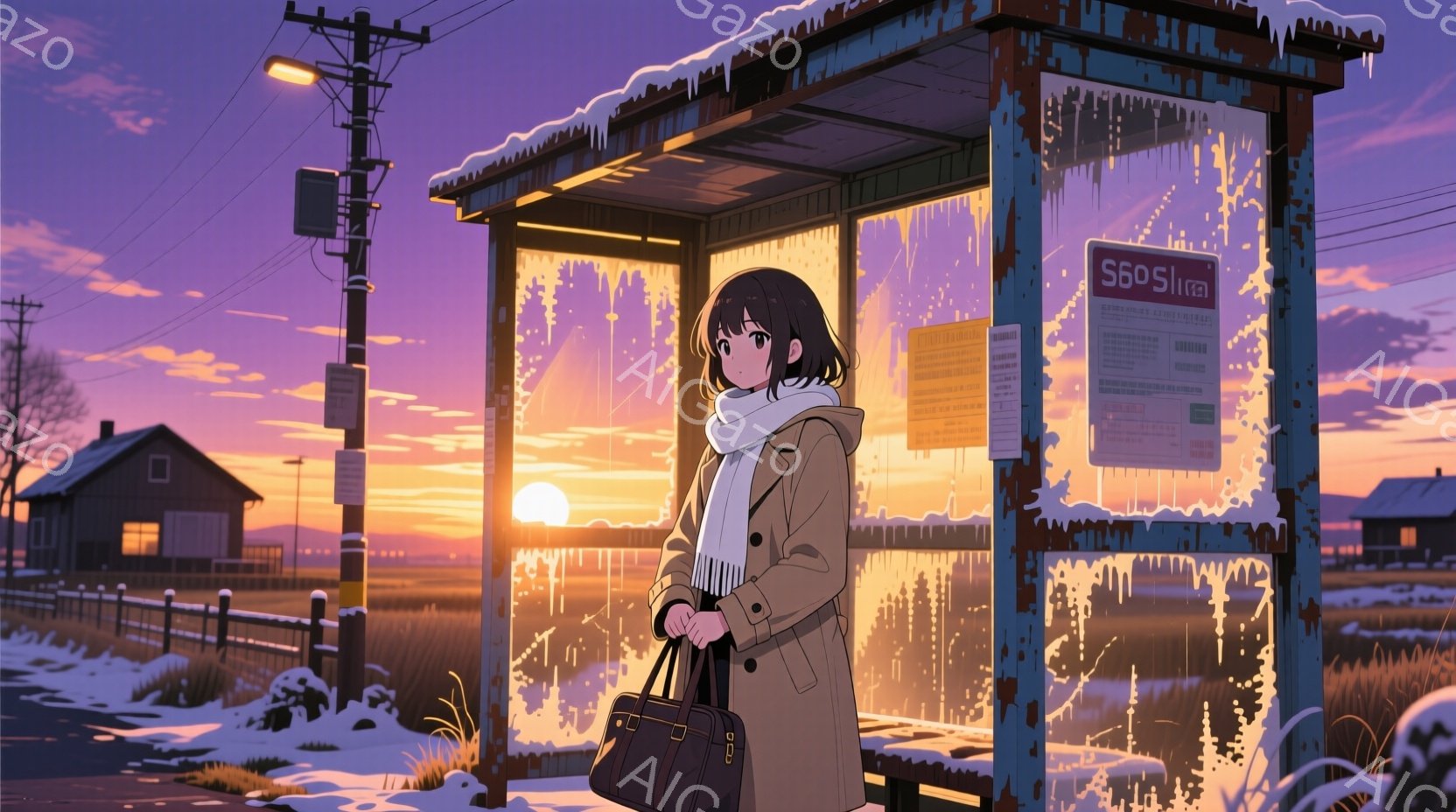 茶髪の少女が、古びたバス停で夕日を眺めている。ベージュのトレンチコート、白いマフラー、黒いスカート、そして肩にかかる鞄を身につけており、少し物憂げな表情をしている。背景には、雪景色が広がり、遠くには家々が見え、オレンジと紫が混ざった美しい夕焼け空が広がっている。