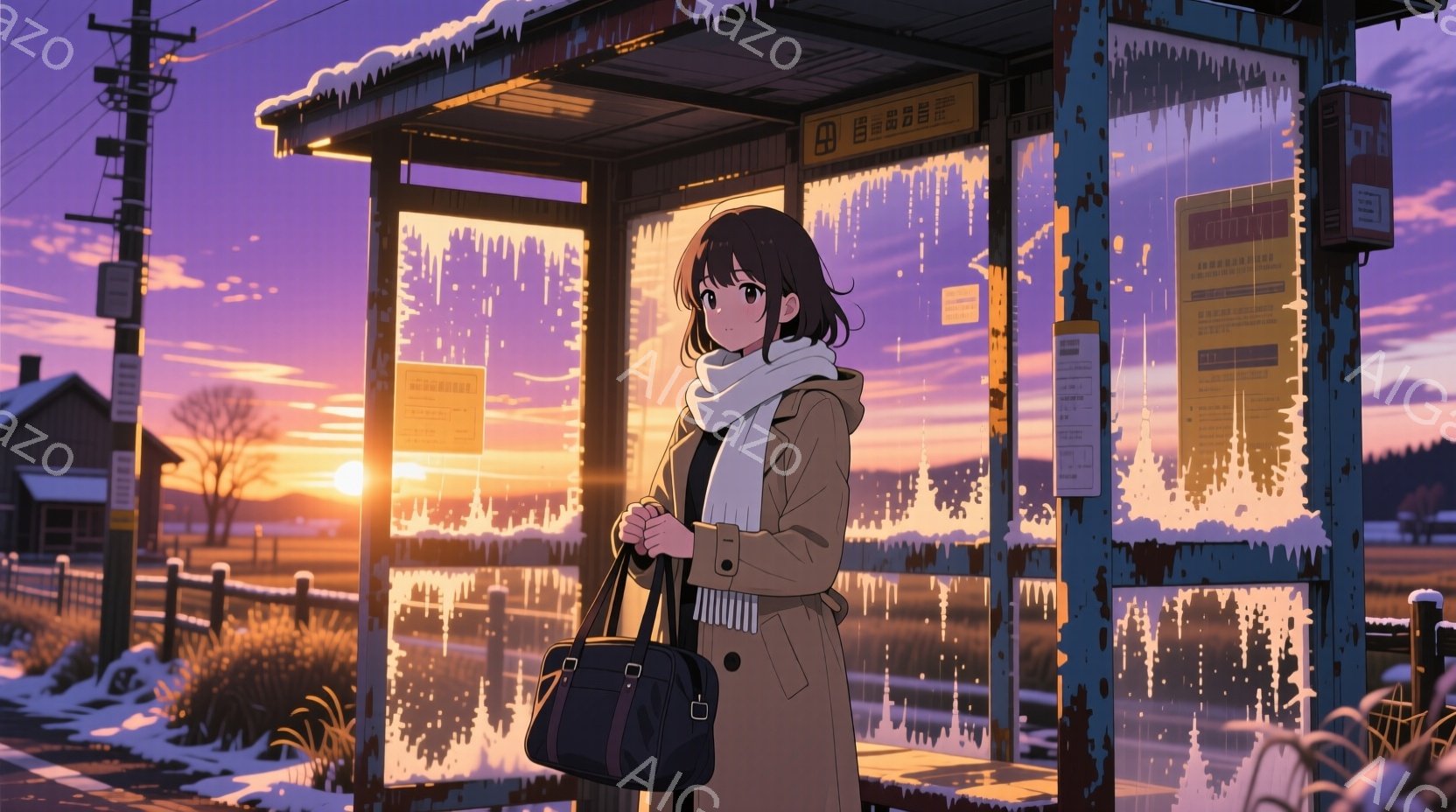 茶髪のショートヘアの女性が、ベージュ色のトレンチコートと白いマフラーを身につけ、黒いショルダーバッグを肩にかけてバス停で待機しています。背景には、雪景色が広がり、夕焼けが空をオレンジと紫に染めています。凍り付いたバス停のガラスと、寂しげな風景が、冬の静けさと少しの切なさを感じさせます。