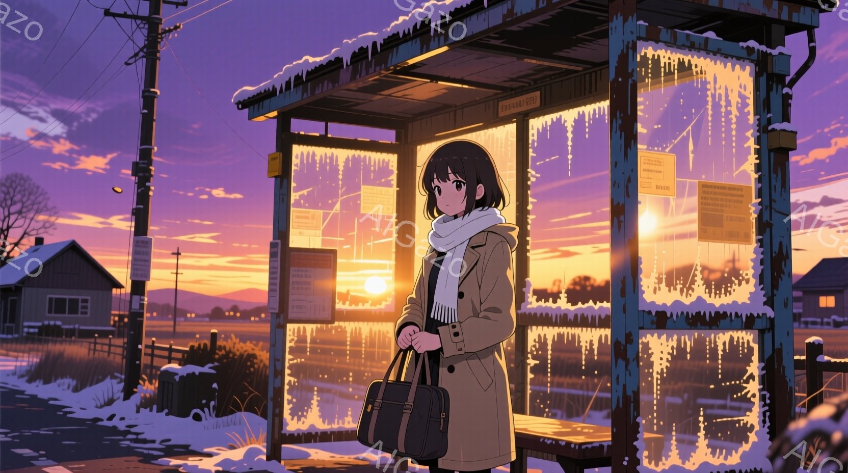 茶髪のショートヘアの女性が、寒そうなバス停で立っている。彼女はベージュ色のコート、白いマフラー、濃い色のバッグを持っており、少し物憂げな表情をしている。背景には雪景色が広がり、夕焼けのオレンジ色と紫色 - AI生成フリー素材