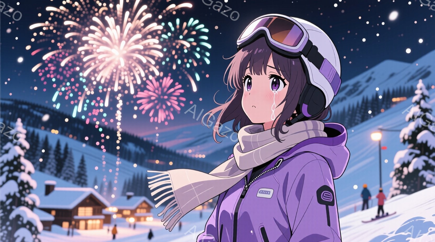 紫色のスキーウェアに身を包んだ少女が描かれています。彼女は白いマフラーを巻き、ゴーグルを頭に乗せ、少し悲しげな表情で遠くを見つめています。背景には雪に覆われた山々と、ライトアップされた建物、そして夜空 - AI生成フリー素材
