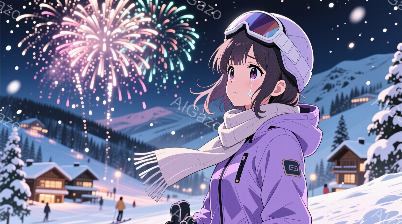 雪景色の中に立つ少女が描かれています。彼女は紫色のスキーウェアに白いマフラーを巻き、頭にはゴーグルをつけています。背景には雪に覆われた山々と、ライトアップされた可愛らしい山小屋が並び、夜空には花火が打ち上げられています。