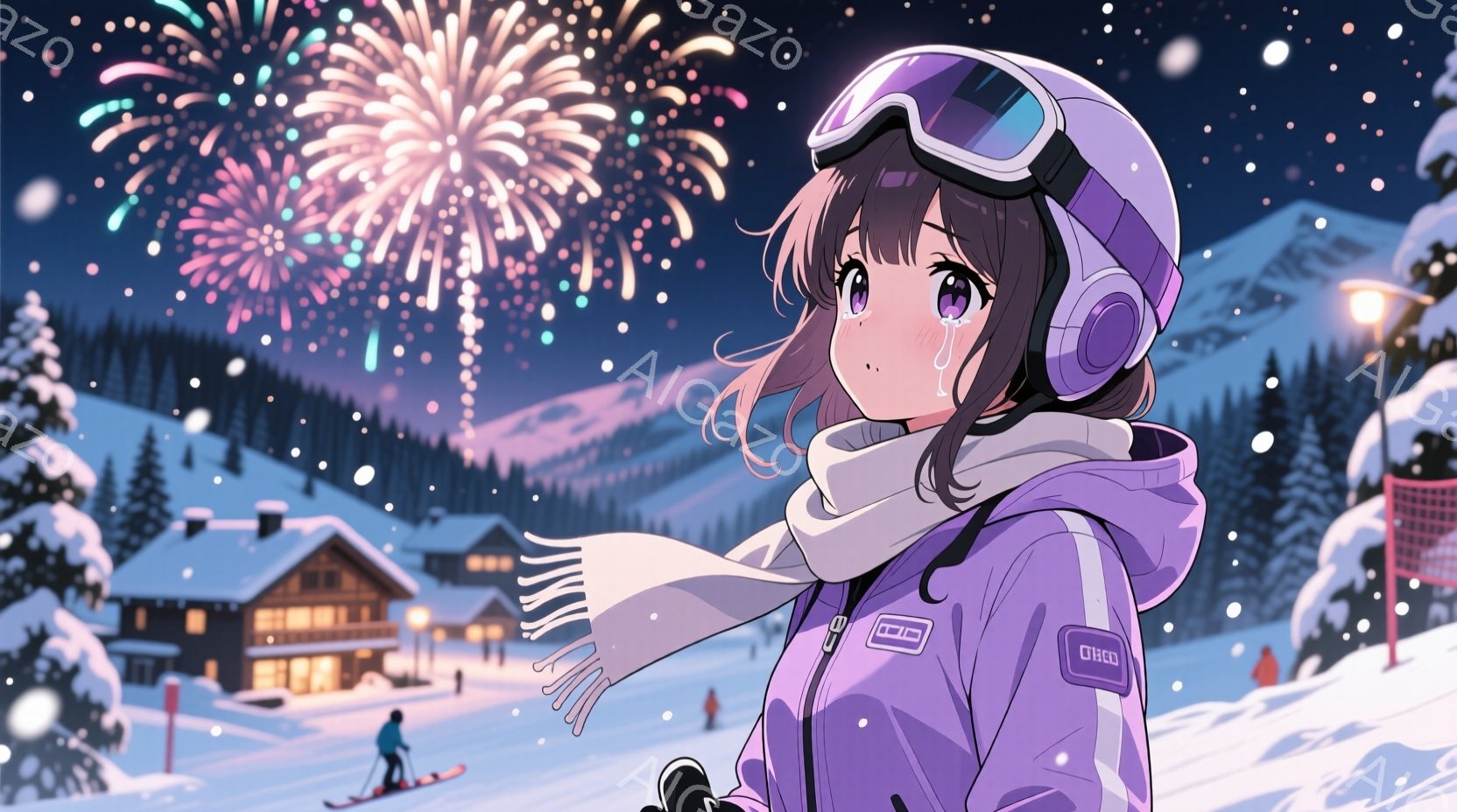 雪山を背景に、紫色のスキーウェアを身につけた女性が描かれています。彼女は茶色のウェーブヘアで、顔にはゴーグルと白いマフラーを巻き、少し微笑んでいるように見えます。背景には雪に覆われた山々と、ライトアッ - AI生成フリー素材