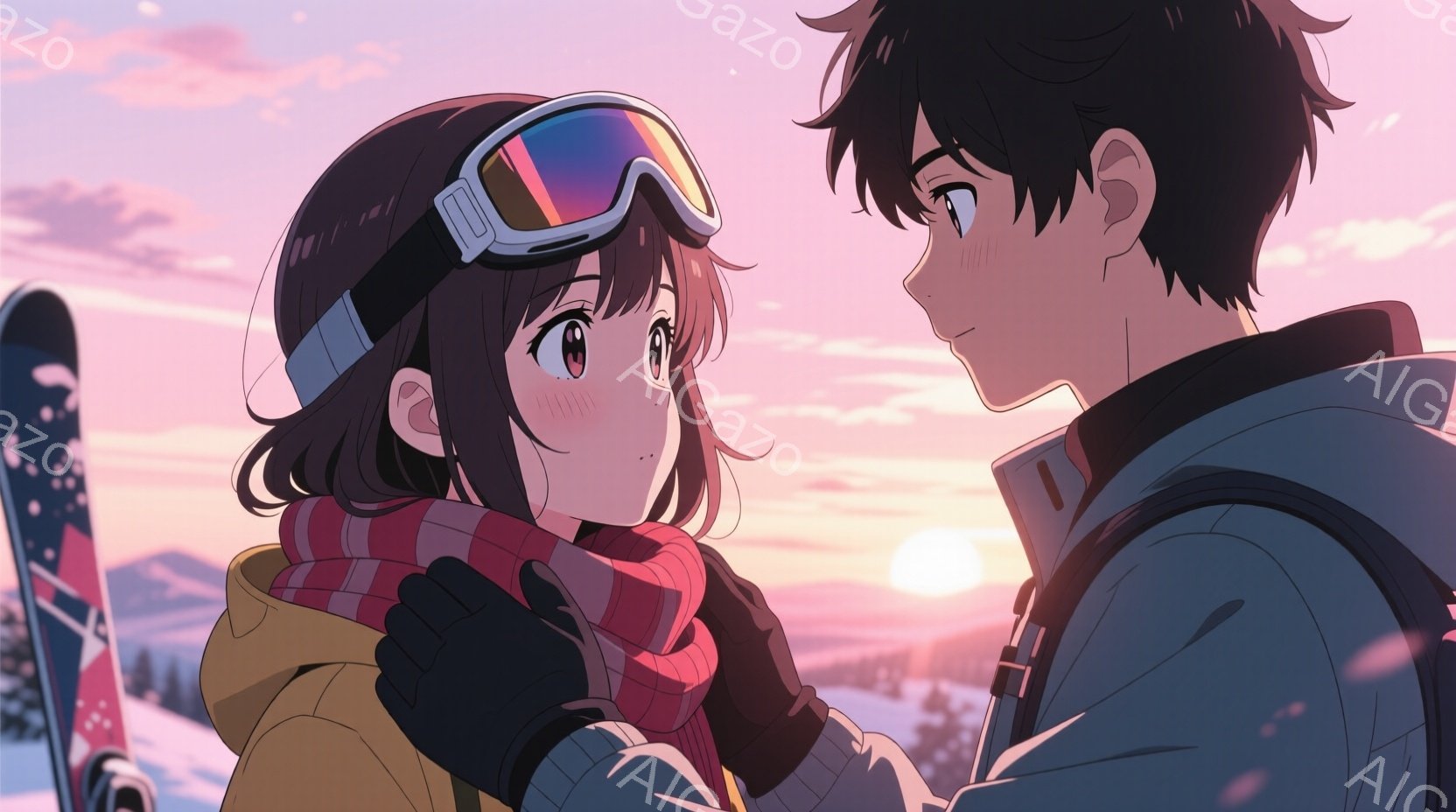 少女は黄色いジャケットとピンクと白のストライプのスカーフを着て、頭にはゴーグルをかけています。少年は紺色のジャケットを着ており、二人は雪山の中で互いを見つめ合い、頬を赤らめています。背景には、夕焼けの空と雪景色が広がり、暖かくロマンチックな雰囲気を醸し出しています。