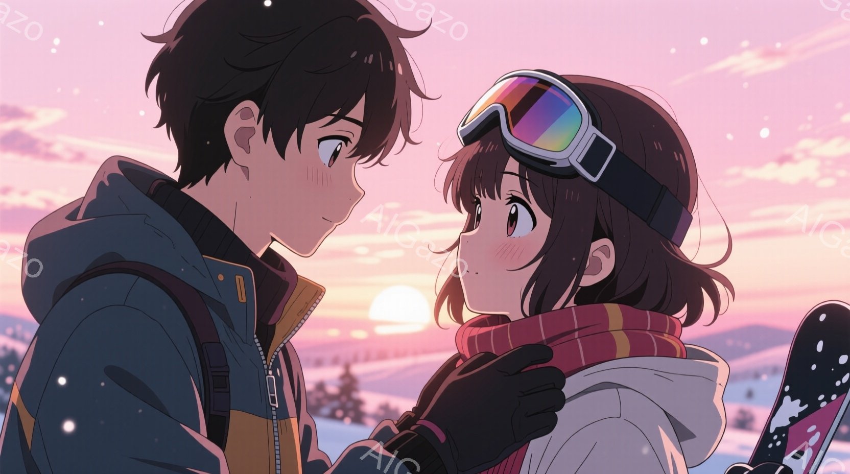 夕焼けを背景に、若い男女が寄り添っている場面を描いています。男性は黒髪で、黄色と黒のジャケットを着ており、女性は茶色の巻き髪で、白いジャケットに赤いマフラーを巻いています。二人はスノーボードの横で顔を見つめ合い、照れたような表情をしており、周囲は雪景色で、暖かくロマンチックな雰囲気が漂っています。
