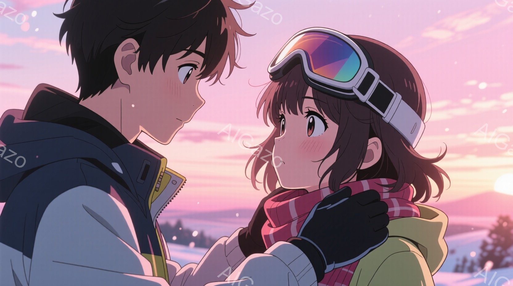 雪景色の中で寄り添う男女を描いています。男性は黒髪で、濃い青色のジャケットとベージュ色の首元をしています。女性は茶色の巻き髪で、ピンクと白のチェック柄のマフラーを巻き、頭にはスキーゴーグルをつけて、少 - AI生成フリー素材