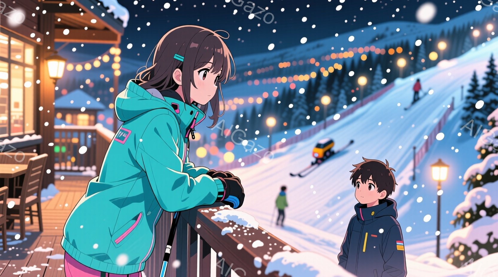 少女はターコイズブルーのウィンタージャケットとピンクのパンツを着て、手袋をはめ、フェンスに寄りかかっています。彼女は黒髪で、サイドに髪飾りをつけており、少し物憂げな表情をしています。背景には雪景色が広 - AI生成フリー素材