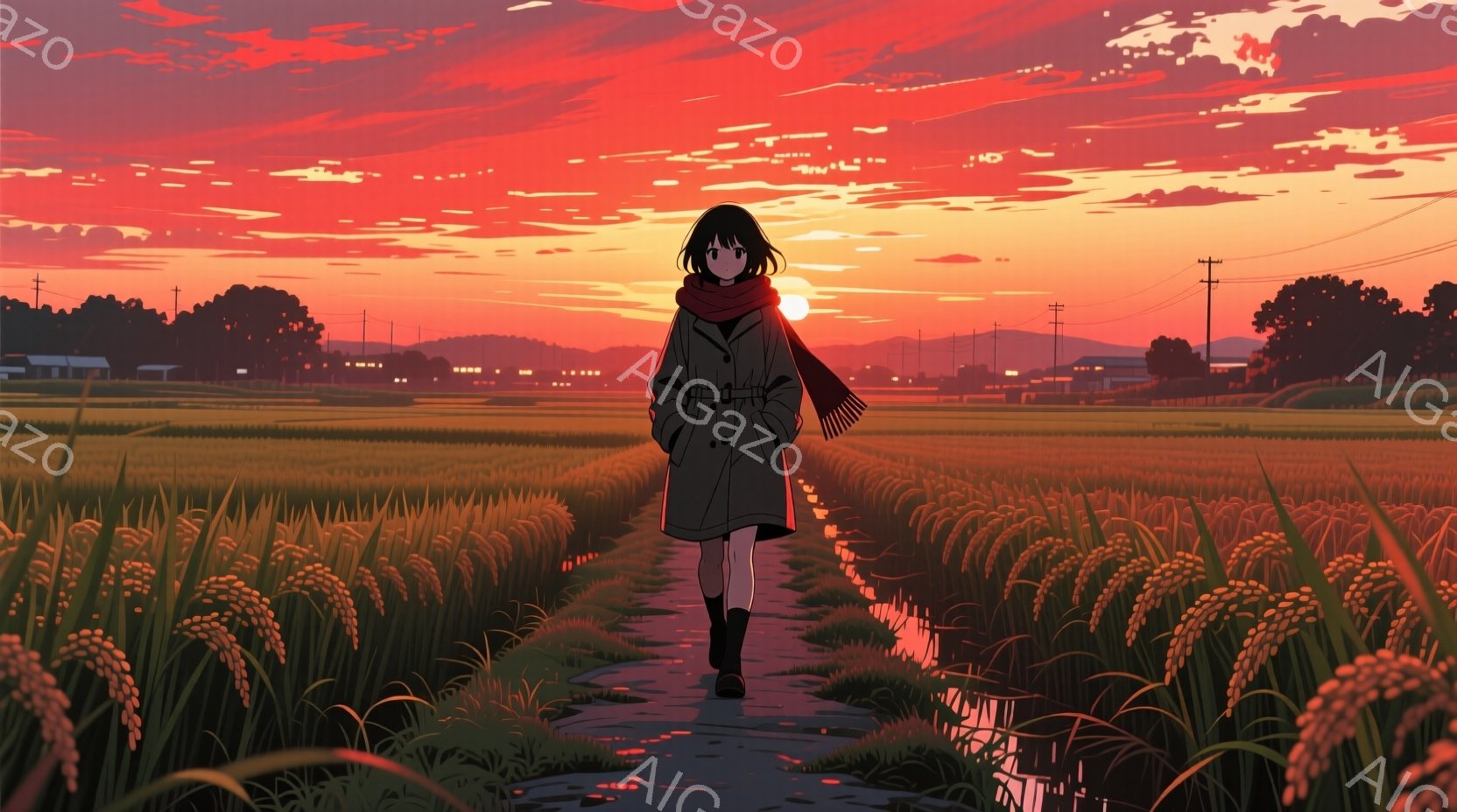 長い茶色の髪を肩のあたりで切り揃えた女性が、麦畑の中を歩いている。黒いコートとスカートを身につけ、赤いマフラーを巻いている彼女は、夕焼けに照らされた道を進んでいる。背景には、遠くの建物と燃えるような夕焼け空が広がり、全体的にノスタルジックで穏やかな雰囲気を醸し出している。