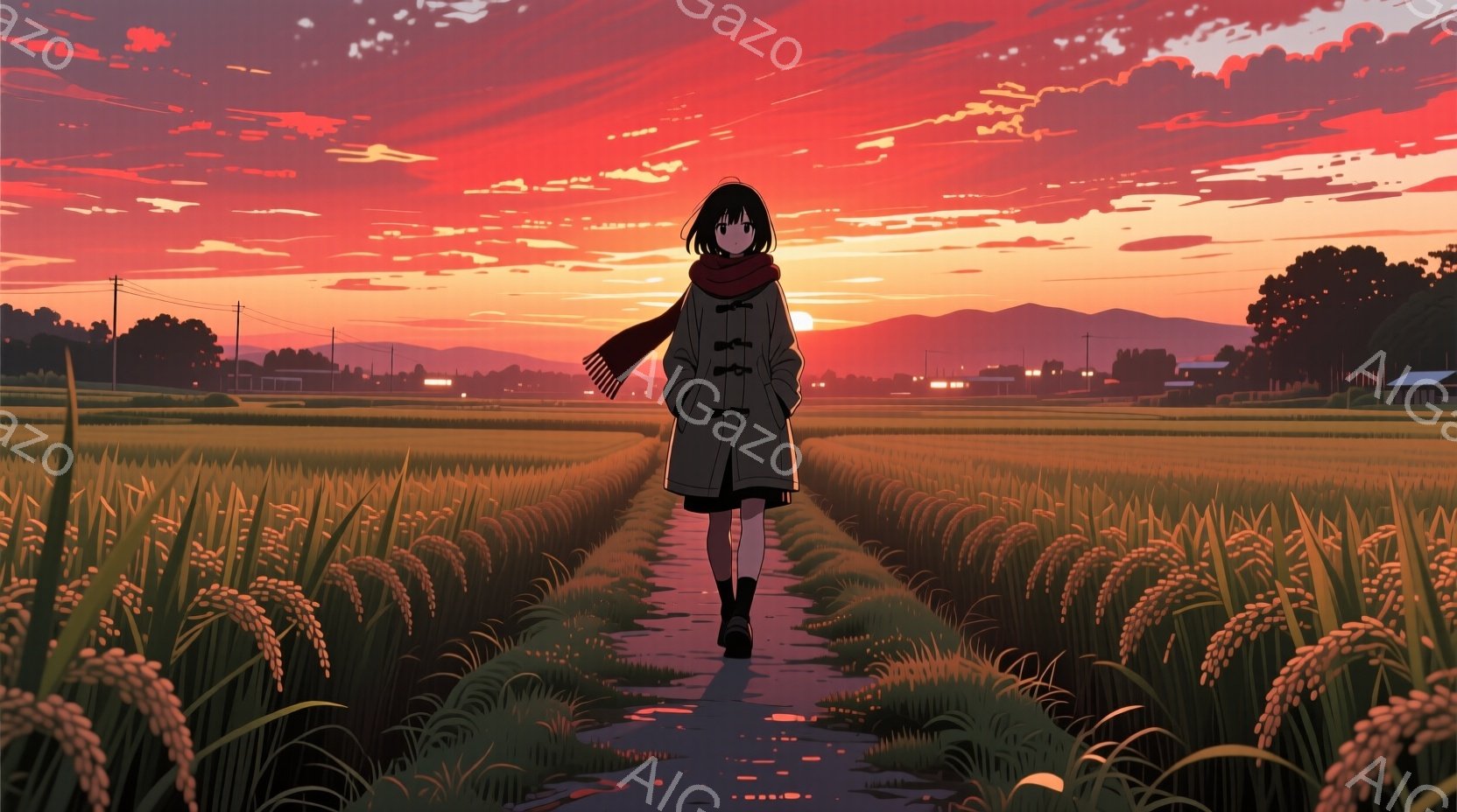 少女は麦畑の小道を歩いている。黒い髪で、黒いコートとスカーフを着用し、背中を向けているため表情は不明だが、どこか寂しげな雰囲気が漂う。背景には夕焼けに染まる空と、遠くに見える建物や山々が広がり、全体的にノスタルジックで穏やかな雰囲気を醸し出している。