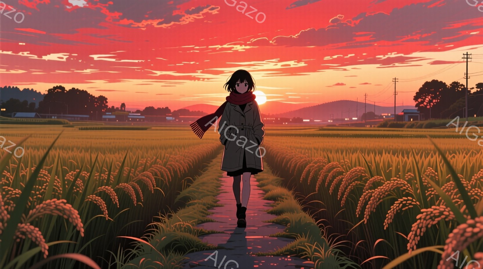 少女は麦畑の中を歩いている。彼女は黒髪で、首に赤いスカーフを巻き、黒いコートを着ている。背景には夕焼け空と、遠くに見える建物や山々が広がり、温かく、少し寂しげな雰囲気を醸し出している。