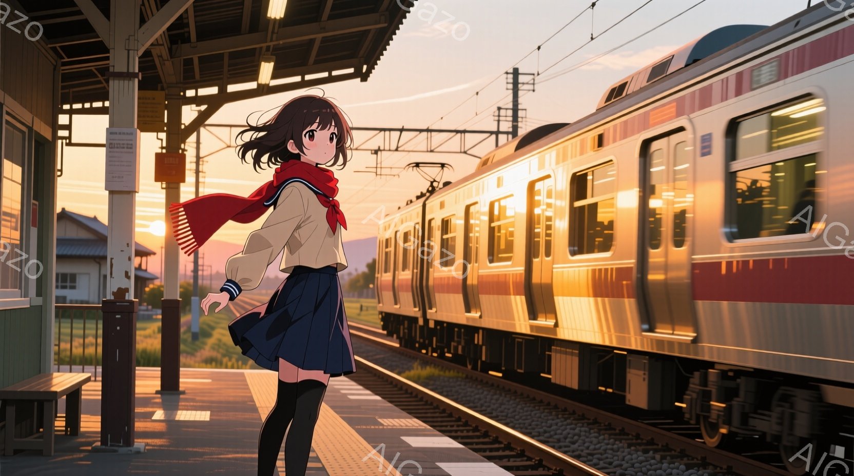 茶色の髪を背中に流した少女が、プラットフォームに立っている。紺色のスカートと白いセーラー風のジャケット、赤いマフラーを身に着けており、スカートが風になびいている。背景には、夕焼け空の下を走る列車と、遠 - AI生成フリー素材