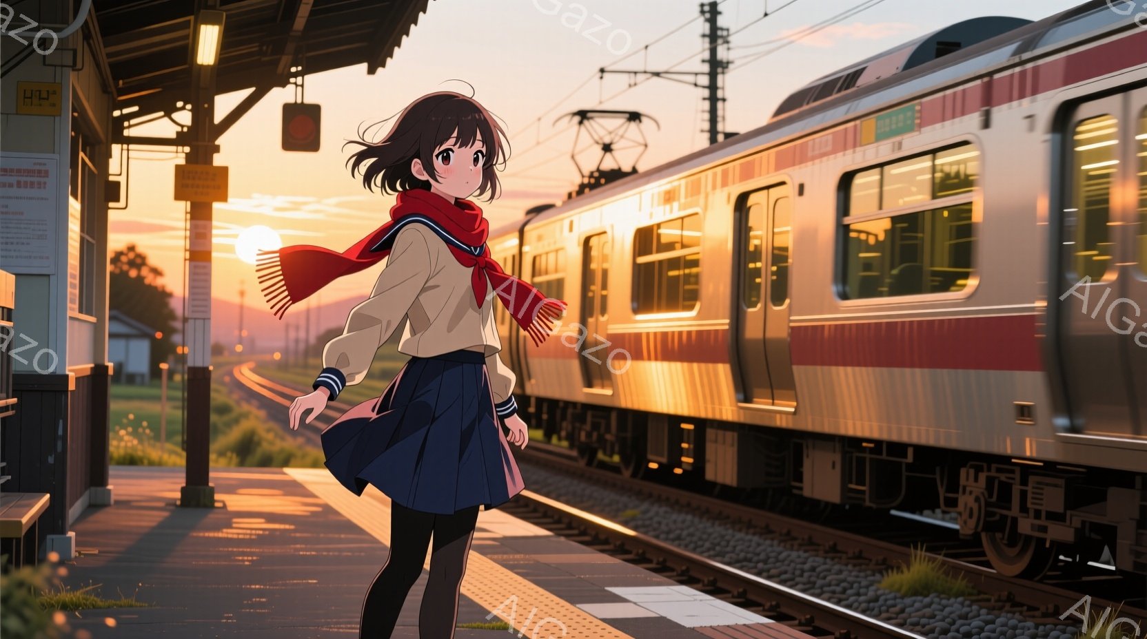薄い紫色の髪を肩まで伸ばした少女が、駅のホームに立っている。彼女は白いシャツに紺色のスカート、赤いスカーフを巻いており、スカートが風になびいている。背景には、夕焼けに照らされた線路と、迫ってくる列車、 - AI生成フリー素材