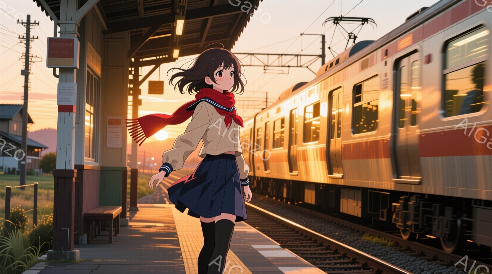 見えるのは、制服を着た若い女性で、短い茶色の髪をしており、風になびいています。彼女はプラットフォームに立ち、スカートが風で揺れ、遠くに見える電車を見つめています。背景には、夕焼けの空と、緑豊かな草地、 - AI生成フリー素材